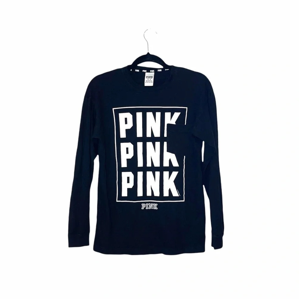 PINK Victoria’s Secret 100% Cotton Black Long Sleeve Campus Tee Xsmall Women’s